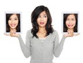 Woman with two tablet computer screen. one with smiling face and Royalty Free Stock Photo