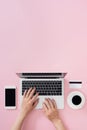 Woman typing on computer keyboard selective focus on hand, can be used for e-commerce, business, technology and internet concept Royalty Free Stock Photo