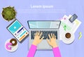 Woman Typing On Laptop Computer, Top View On Desk With Digital Tablet And Smart Phone Workplace Concept Royalty Free Stock Photo