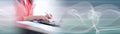 Woman typing on laptop, light effect. panoramic banner Royalty Free Stock Photo