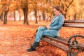 Woman typing text on mobile phone on autumn park bench Royalty Free Stock Photo