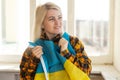 woman with Ukraine flag. Stop war between Russia and Ukraine. Stay with Ukraine. Pray and hope for peace and world. Copy Royalty Free Stock Photo