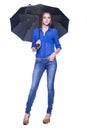 Woman with umbrella against white background
