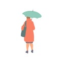 Woman with umbrella and bag stands with his back in autumn casual clothes of urban style. Vector flat isolated character Royalty Free Stock Photo