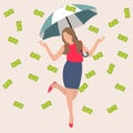 Woman umbrella money rain dollar cash rich lucky success business flat vector illustration concept Royalty Free Stock Photo