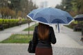 A woman with an umbrella in the pouring rain