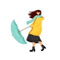 Woman with umbrella at storm flat color vector faceless character