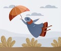 Woman with Umbrella in Stormy Weather Blowing Away Vector Illustration