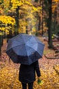 Woman with umbrella walking in cemetery at autumn Royalty Free Stock Photo