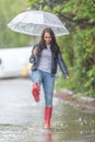 Woman with an umbrella walking in rainboots in a puddle under a heavy rain