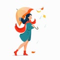 Woman with umbrella walking on the street. Flat autumn rainy illustration concept. Vector