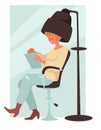 Woman under hair dryer, sitting and reading, isolated character