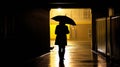 Woman under the rain with an umbrella in a dark street - generative AI Royalty Free Stock Photo