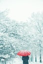 Woman under red umbrella walking in winter snow