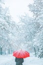 Woman under red umbrella walking in winter snow