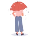 Woman under umbrella. Female character in rainy weather, girl from behind hiding under umbrella flat vector Illustration Royalty Free Stock Photo