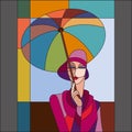 Woman under umbrella pattern. Art deco stained glass pattern.