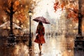 a woman under an umbrella view from the back walks in the autumn city in the rain acrylic painting illustration Royalty Free Stock Photo