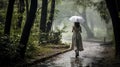 A woman under an umbrella walks in the rain along a path in the park. Late autumn, rainy wet weather.