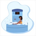 A woman undergoes a full body cryotherapy course in a cryosauna. Vector illustration in cartoon flat style