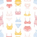 Woman underwear vector seamless pattern. Stylish sexy female bras and panties on white background. Various lingerie