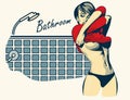 Woman undressed in the bathroom. Retro-styled vector image.