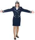 Woman in a uniform of seaman shows broad Royalty Free Stock Photo