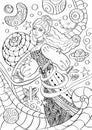 Woman in universe with planets, meditation adult coloring book page