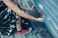 Woman unlocking garage door