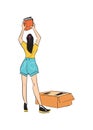 Woman unpacking boxes vector icon