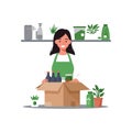 Woman unpacking eco-friendly products in modern flat vector art Royalty Free Stock Photo