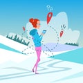Woman Use Cell Smart Phone Gps Navigation Winter Vacation Snow Mountain Background