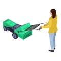 Woman use electric lawnmower icon, isometric style