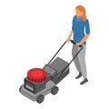 Woman use lawnmower icon, isometric style