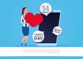 Woman Use Smart Phone Sending Happy Valentines Day Congradulations Over Blue Background With Copy Space