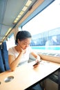 Woman use smartphone interior of train