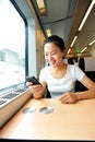 Woman use smartphone interior of train