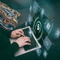 Woman uses AI application on laptop. Modern digital technology. Machine learning, artificial intelligence Royalty Free Stock Photo
