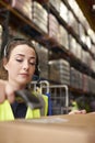 Woman uses barcode reader in a warehouse, vertical close-up Royalty Free Stock Photo
