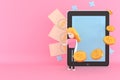 A woman uses a mobile phone and a tablet to make money. 3d illustrator