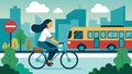 A woman uses public transportation or bikes instead of driving a car reducing air pollution and traffic congestion in Royalty Free Stock Photo