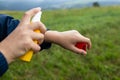 Woman spraying insect repellent at her hand. Woman using anti mosquito spray outdoors at hiking trip Royalty Free Stock Photo