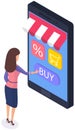 Woman using app for purchasing goods in store via Internet. Online shopping application on screen Royalty Free Stock Photo