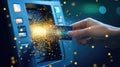 Woman using atm card with sparkling digital effects in technology concept Royalty Free Stock Photo