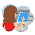 Woman using ATM machine. Vector illustration icone in cloud white background.