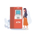 woman using ATM to pay or withdraw cash money. woman waiting near automatic machine, looking on monitor. Vector illustration