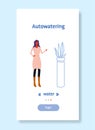 Woman using auto watering application smart house technology system concept female cartoon character full length sketch