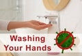 Woman using automatic soap dispenser in bathroom. Washing hands during coronavirus outbreak Royalty Free Stock Photo