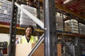Woman using barcode reader in warehouse, head and shoulders Royalty Free Stock Photo