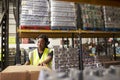 Woman using a barcode reader in a warehouse, wide shot Royalty Free Stock Photo